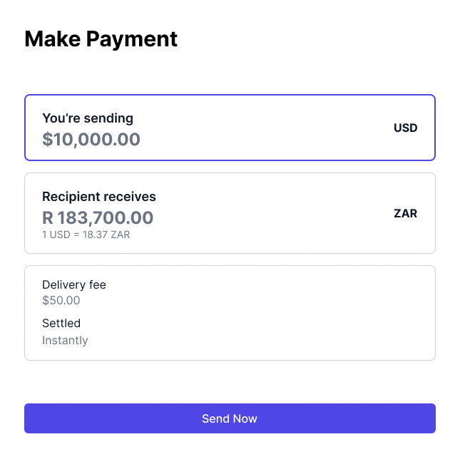 Loam payment interface settling an agricultural invoice instantly, with a sub-0.5% fee line and full audit trail.